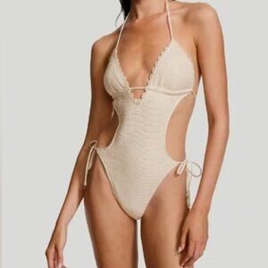 Victoria's Secret Monokini LG Ivory Crochet 1 Pc Tie Swimsuit Deep V Neckline